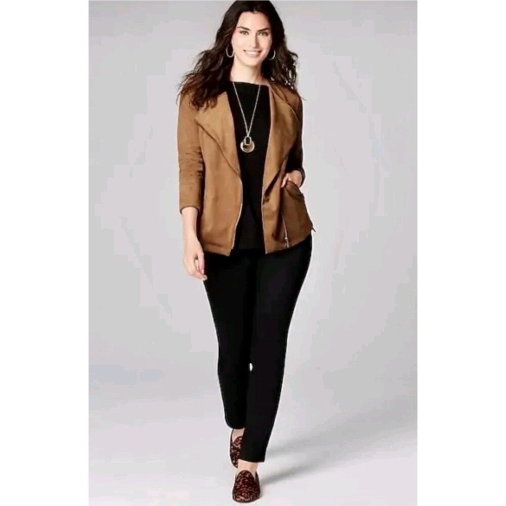 J Jill Womens Moto Jacket Faux Suede Asymmetric Zip Pockets Brown Size L